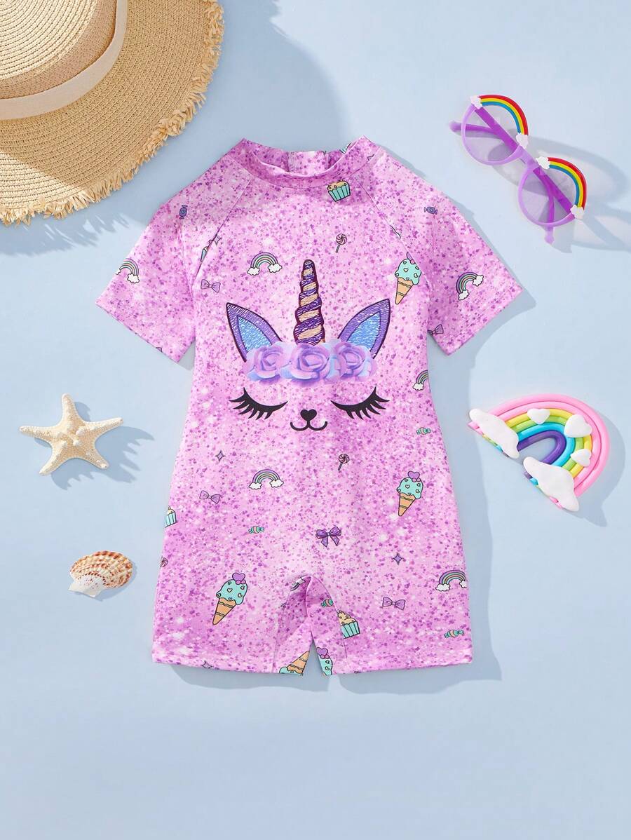 SHEIN Cute Cartoon Printed Short Sleeve One-Piece Swimsuit For Baby Girl - Red Violet - View 1