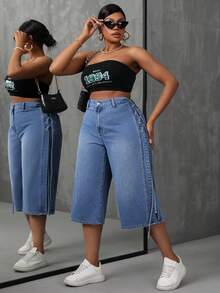 SHEIN SXY Quần Capri denim cạp cao cỡ lớn có dây buộc bên hông - Rửa trung bình - Xem 5