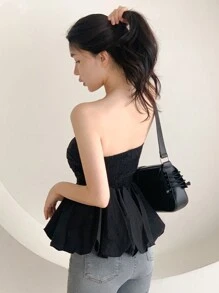 DAZY 女式纯色修身紧身胸衣式抹胸上衣，黑色夏季，荷叶边娃娃装上衣外出上衣