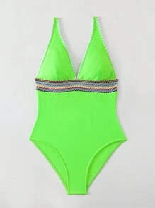 SHEIN Swim 夏季海灘V領編織條紋和印花性感連體泳衣 - 綠色 - 查看 5