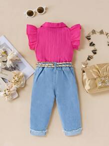 Baby Girls' Summer New Arrival Set: Simple Shirt With Star Embroidery And Jeans - Hot Pink - View 2