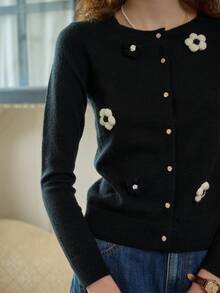 Simple Retro Cárdigan de mujer con bloqueo de color y bordado floral, primavera/otoño