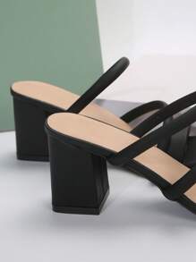 法式方头高跟凉鞋，白色极简风格新款夏秋季优雅人造皮革粗跟凉鞋，适合散步、约会、聚会、派对、通勤和商务 - 黑色 - 查看 3