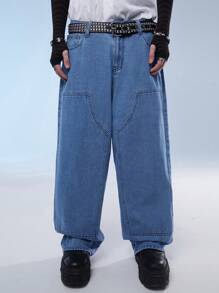Manfinity Homme Quần jean denim ống rộng dáng rộng giản dị có túi cho nam, phong cách đường phố - Rửa nhẹ - Xem 1