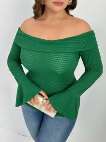 Mulvari Plus Size Nữ Xuân/Hè Màu Trơn Trễ Vai Áo Phông Slim Fit Có Tay Chuông - màu xanh lá - Xem 5