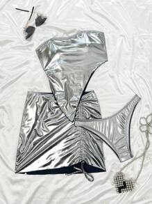 Swim EVENT Bộ bikini Bandeau viền bất đối xứng màu trơn cho nữ, họa tiết kim loại thời trang, kèm váy mùa hè - Bạc - Xem 8