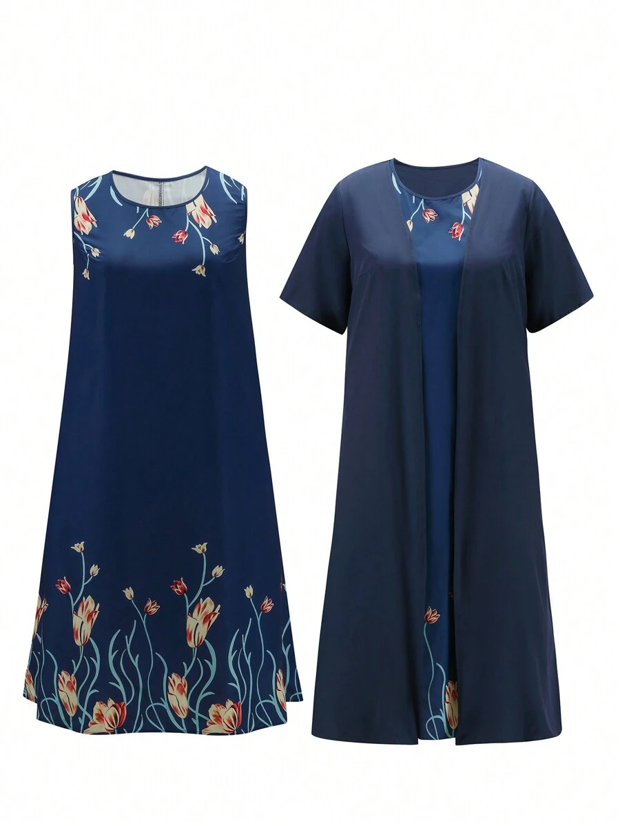 Plus Floral Print Sleeveless Dress & Open Front Coat For Summer - Navy Blue - View 1