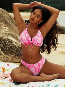 Swim Mod Women's Summer Beach Floral Printed Front Tie Sexy Bikini Set