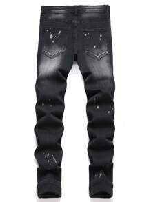 男士水墨印花撕裂磨邊縫補牛仔褲 - 黑色 - 查看 2