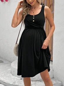 SHEIN 孕妇休闲纯色扭腰无袖中长连衣裙