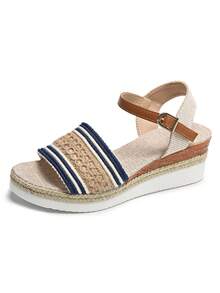 夏季彩色編織休閒海灘度假風格草編豆洲扣式鞋，帶有彩色楔形跟，女款，新款到貨 - 彩色 - 查看 4