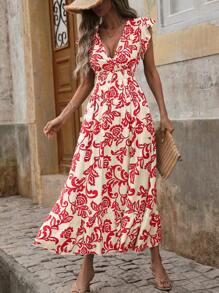 Flirla Plus Size Holiday Leisure Dress With Allover Print Half-Sleeve And Gathered Waist, Long Style - Multicolor - View 1