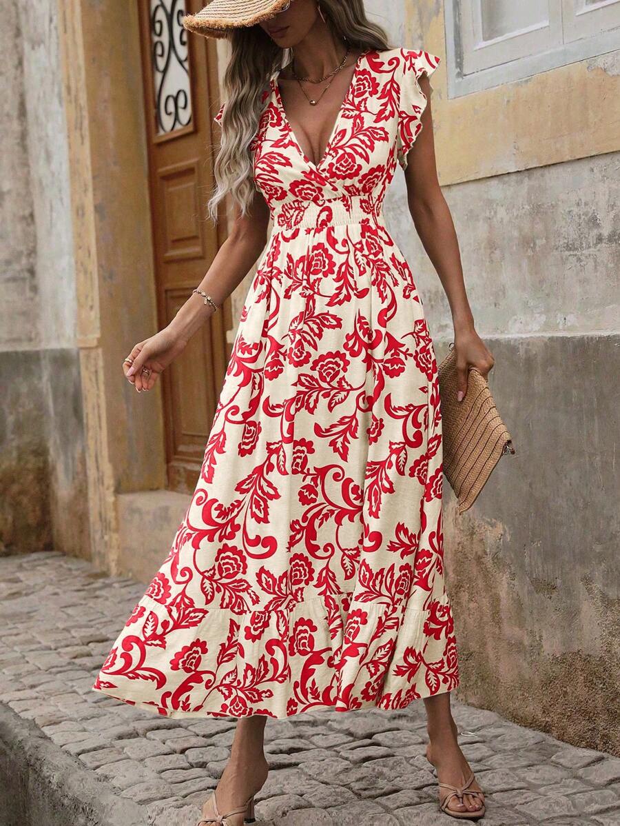 Flirla Plus Size Holiday Leisure Dress With Allover Print Half-Sleeve And Gathered Waist, Long Style - Multicolor - View 1