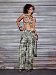 Holadesign Artist Women's Loose Fit Wide Leg Pants With Letters Graphic, For Holiday, Vacation, Spring, Festival, Ibiza Fits, Western Wear - Army Green - View 2