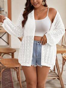 SHEIN Frenchy 大碼露空長袖夏日假日開衫 - 白色 - 查看 8