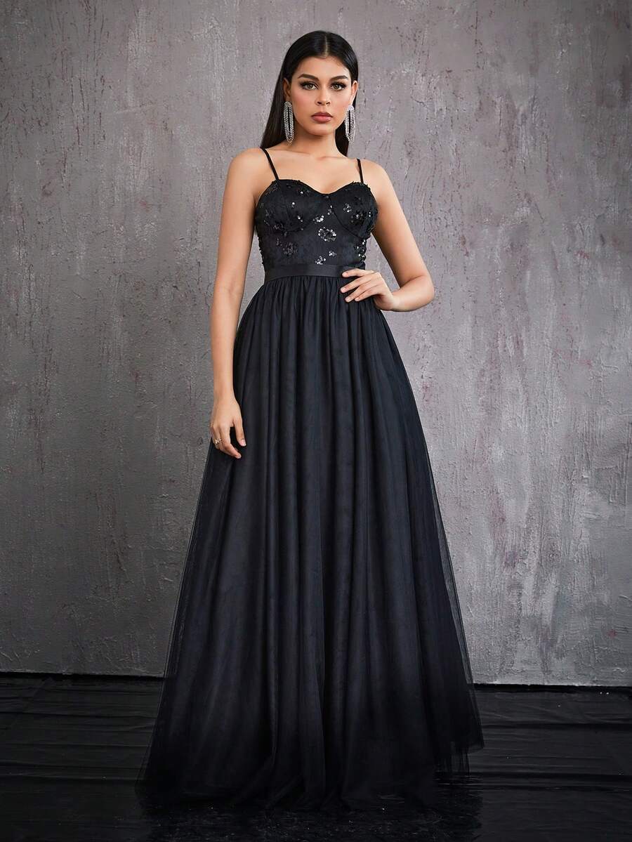 Mgiacy Beaded Shimmering Sparkly Lace Mesh Cami Cupped Dress - Black - View 1