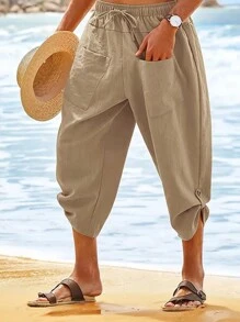 GLESTORE Men's Retro Old Money Style Solid Color Lace-Up Casual Harem Pants For Everyday Wear, Simple And Versatile For All Seasons - Khaki - View 1