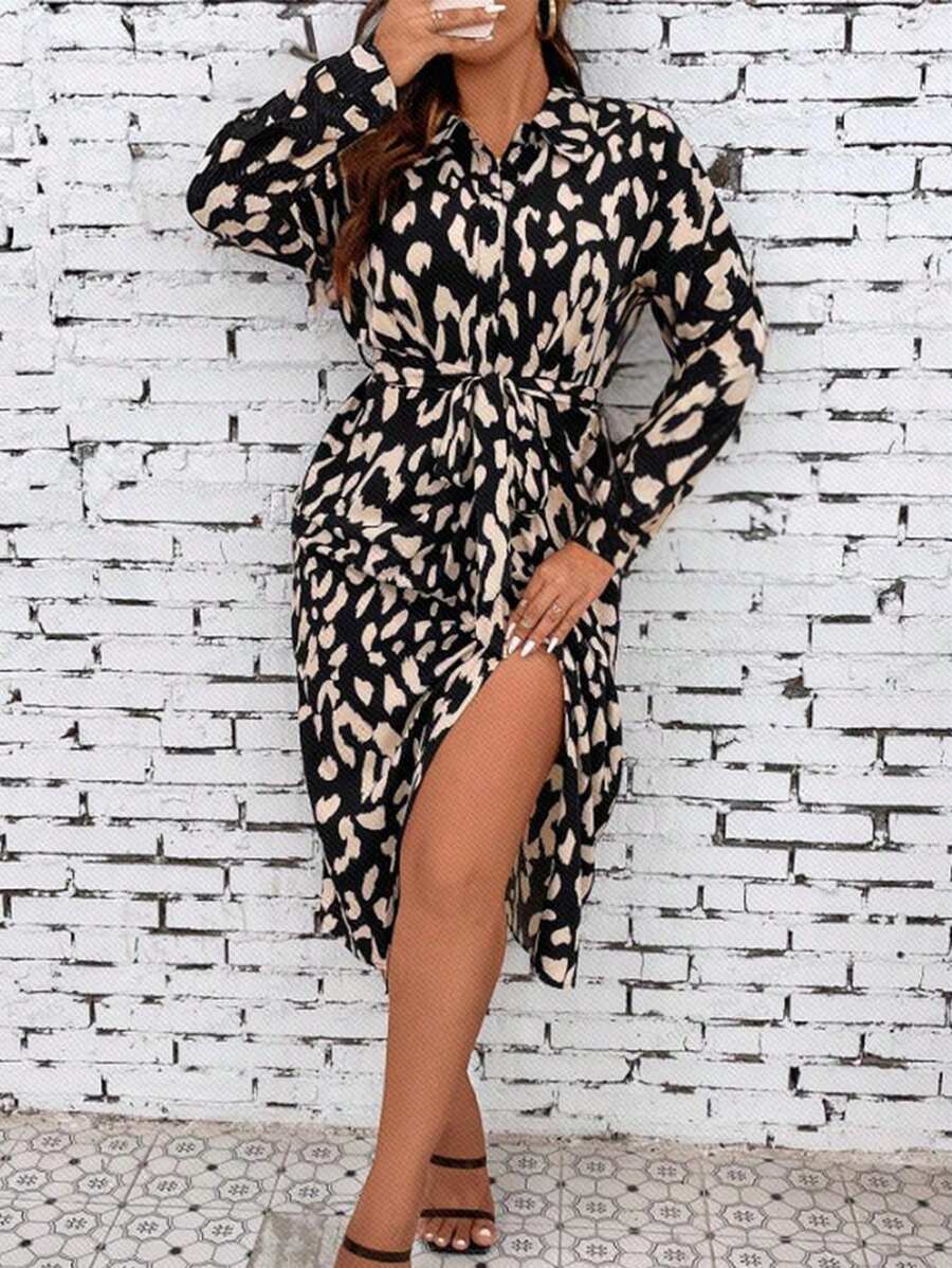 SHEIN Clasi 大尺碼女裝豹紋長袖洋裝 - 黑色 - 查看 1