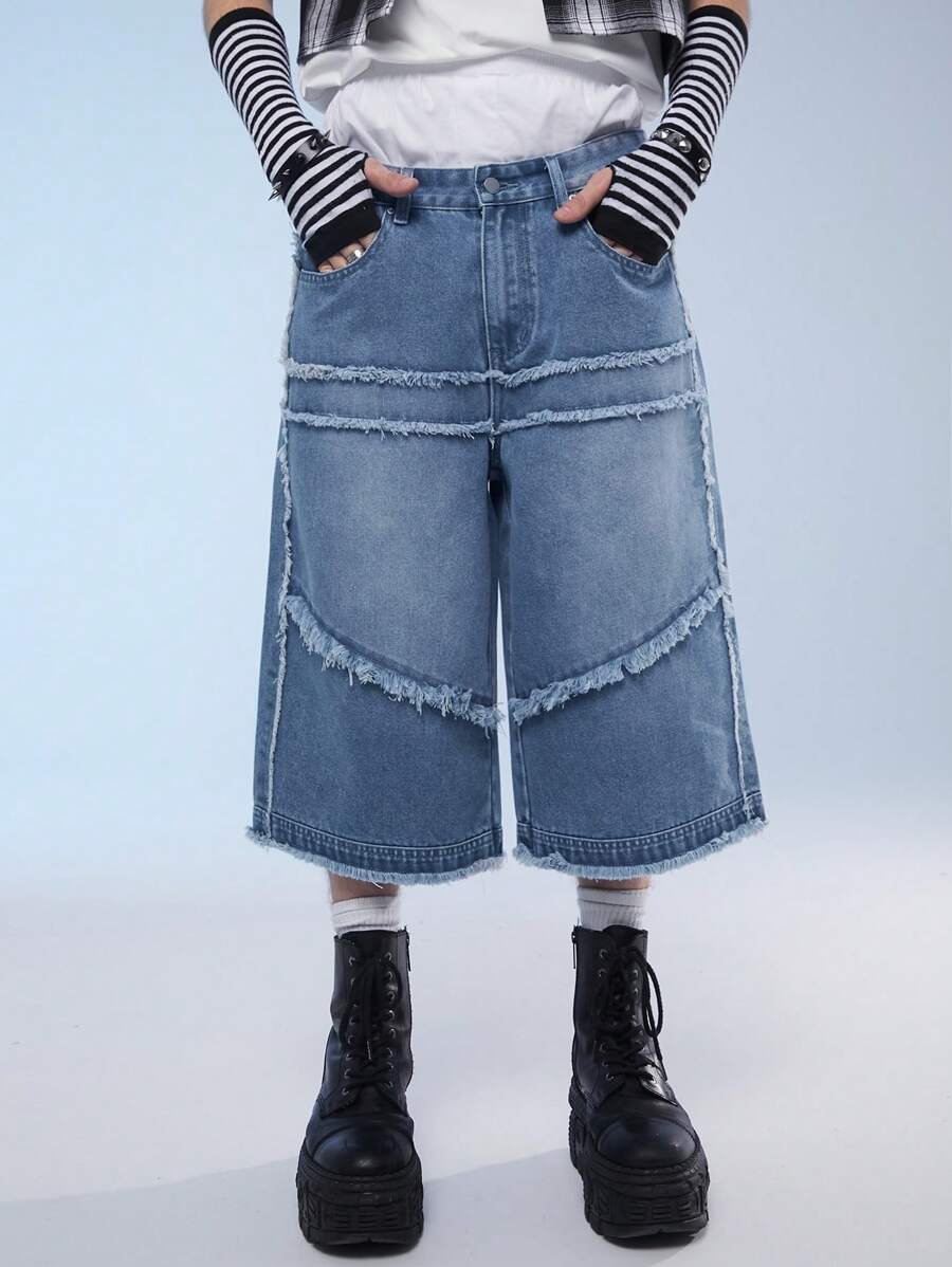 Manfinity Denimwave Men's Loose Fit Denim Shorts With Raw Hem, Patch Pockets, Streetwear Style - Light Wash - View 1