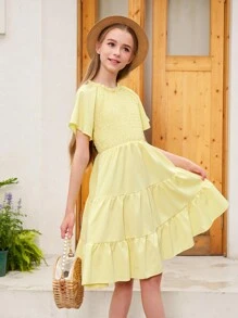 Vestido de línea A con cuello redondo, mangas con volantes y cintura elástica en unicolor tejido, adecuado para salidas y vacaciones de verano para niñas preadolescentes - Mostaza Amarilla - Ver 6