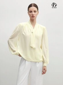 BizChic Chemisier pour femmes à manches longues simples et décontracté avec fausse perle - Nude - View 3