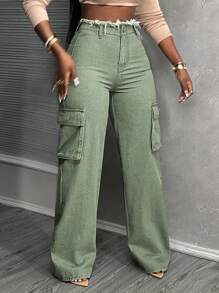 SHEIN Slayr 女裝高腰直筒拼接丹寧牛仔褲，磨邊口袋設計 - 綠色 - 查看 4