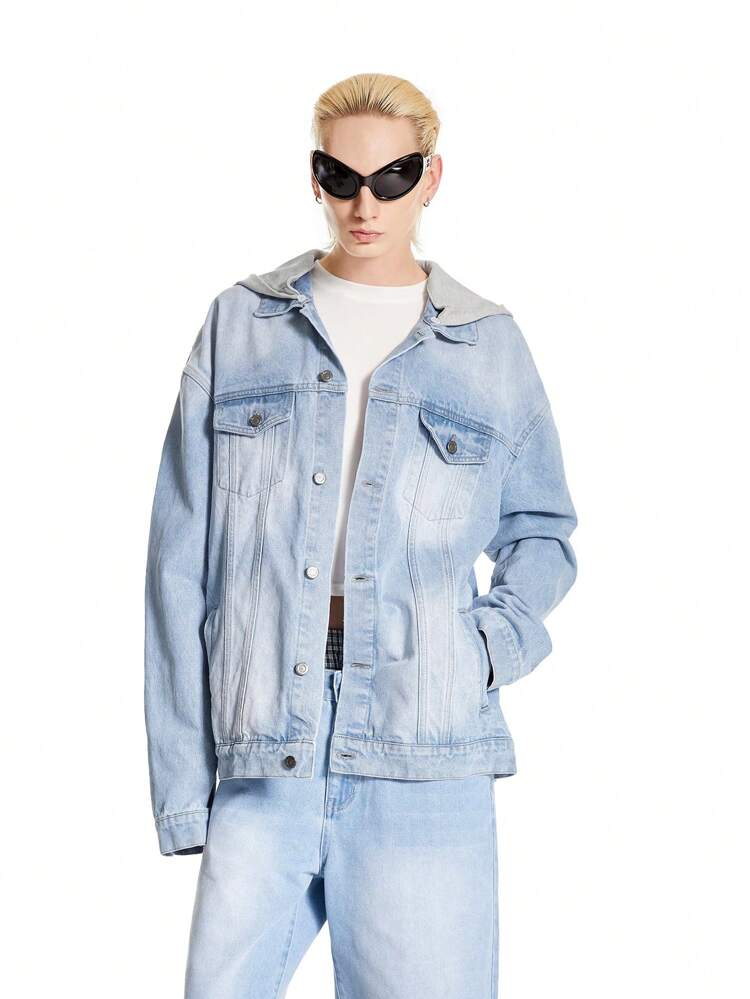 Men's Light Blue Vintage Distressed Denim Oversized Hooded Jacket