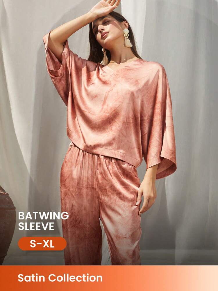 Vacation Satin Tie-Dye Batwing Sleeves Long Women Pajama Set Lingerie As Outerwear Lounge Sets For Women, Fall Clothes