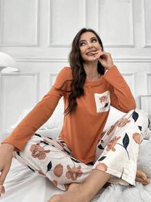 Floral Print Pocket Patched Long Sleeve Tee & Pants PJ Set / Pajama Set, Fall Winter Clothes - Orange - View 3