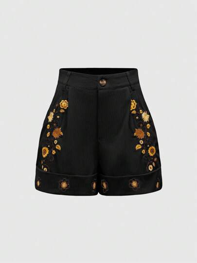 Hippie Short da donna ricamati floreali Stile bohemien, allentati e con risvolto