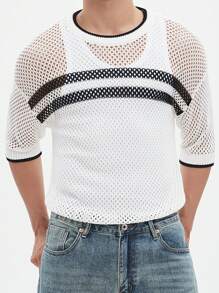 Manfinity Hypemode Men's Color Block Summer Casual Short Sleeve Hollow Knit Top - Black and White - View 4