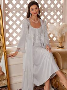 PalaceNights Camisole Sleep Dress And Contrast Lace Robe Elegant Pajama Set White Set Holiday Season, Fall Winter Clothes - White - View 6