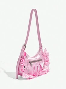 SHEIN ICON 女性時尚個性化Y2K粉色蕾絲機車風hobo肩背包，適用於街頭時尚和酷女孩 - 粉色 - 查看 3