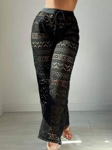 SHEIN Swim Summer Beach Hollow Out Knitted Loose Cover-Up Pants - Black - View 7