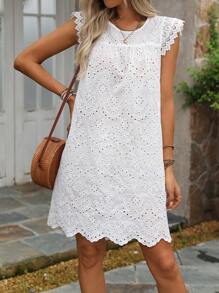 Breezaya Round Neck Solid Woven Embroidered Lace Hem Dress, Short-Sleeved With Random Embroidery Vacation Beach Outfits Women