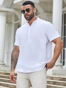 Manfinity Mode Men Plus Casual Plain Half Button Solid Short Sleeve Shirt For Summer