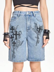 ROMWE Grunge Punk 女士十字印花百慕達牛仔短褲，附袋休閒款 - 淺藍色 - 查看 7
