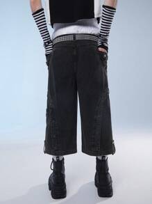 Manfinity Roghcode Men's Eyelet Embellished Wide-Leg Loose-Fit Denim Shorts, Streetwear - Dark Grey - View 2