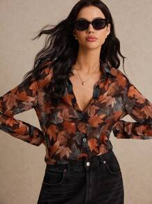 Poéselle Leaf Print Button Front Shirt,Long Sleeve Tops