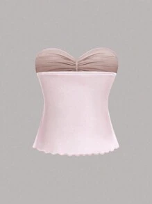 Sweetra Sexy Strapless Top With Gathered Front And Middle And High Slit Y2K Outfit  - Apricot - View 2