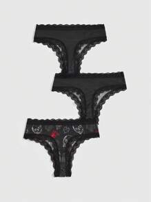 ROMWE 3pcs Gothic Style Dark Skull Printed Lace Trimmed Narrow Edge Panties Set - Black - View 2