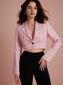 Aveloria Rosie Random Plaid Sweet American Casual Style Fashion Single Breasted Short Length Long Sleeve Blazer - Pink - View 2