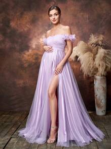 Faeriesty Vestido de fiesta de maternidad Dressalisa con detalles de aplicaciones y hombros descubiertos de tul - Lila Púrpura - Ver 3