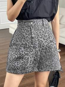 DAZY Women's Leopard Print Fashionable Loose Denim Skort