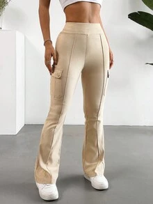 SHEIN EZwear Stretch Pull-On Kick Bootcut Cargo Pants - Khaki - View 3