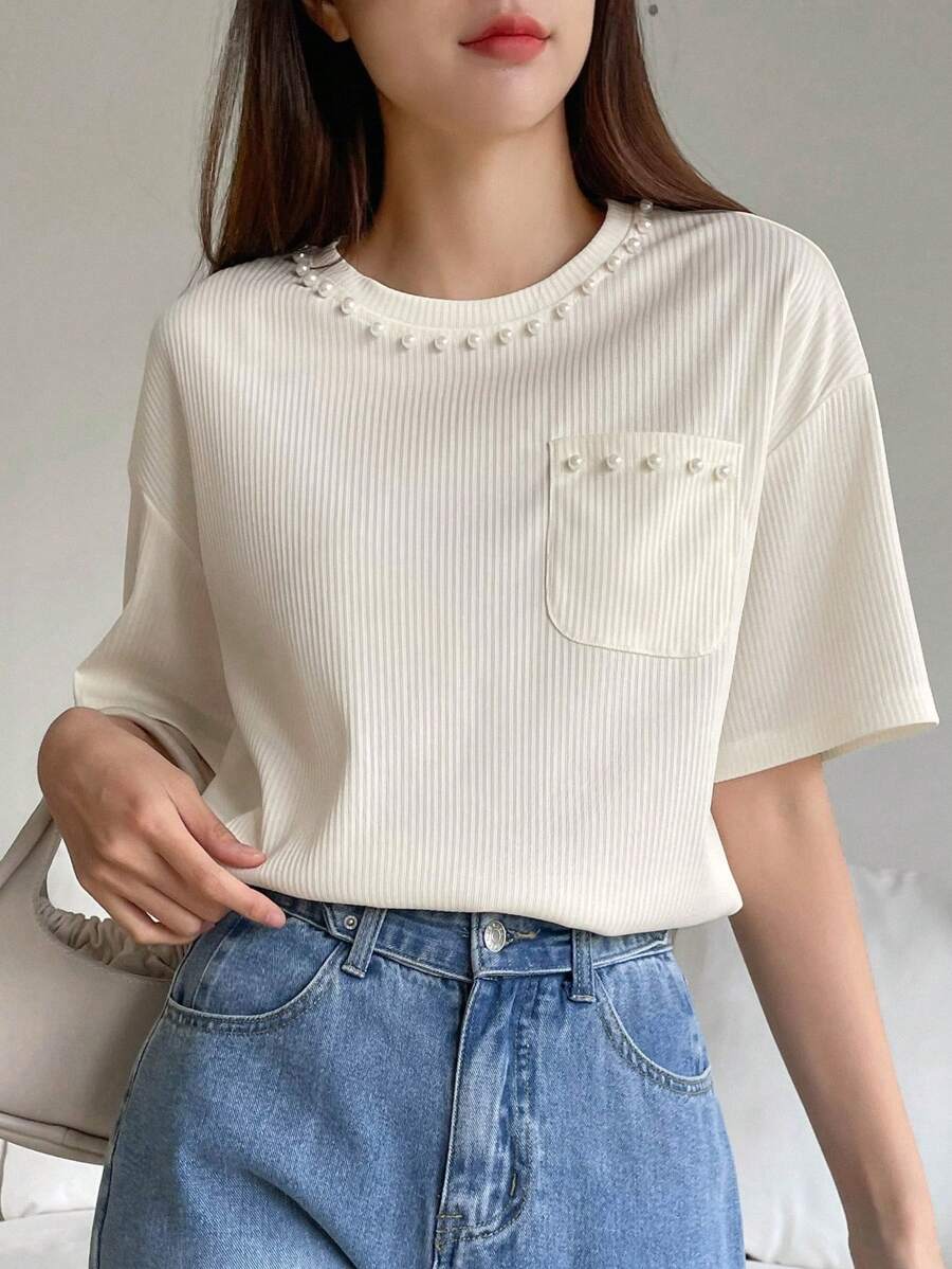 DAZY Pearls Beaded Drop Shoulder Tee - Beige - View 1