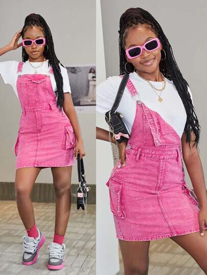 SHEIN Explorewe TEEN GIRL Y2K-Style Sweet & Cool Pink Stir Snowflake Design Adjustable Fit Workwear Overalls, For Christmas, School, Campus, College