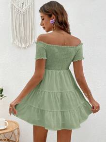 SHEIN VCAY Off Shoulder Ruffle Hem Solid Summer Dress - Mint Green - View 2
