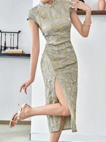 Modelyn 1 chiếc Sườn xám xẻ đùi họa tiết hoa thanh lịch, Sườn xám/Sườn xám hiện đại cải tiến theo phong cách Trung Hoa thanh lịch - Màu xanh lam - Xem 4