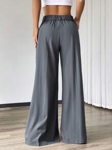 SHEIN EZwear 高腰寬腿折皺純色長褲，流暢輪廓，休閒風格 - 黑色 - 查看 6